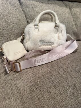 Juicy Couture Ivory Faux Fur Mini Satchel with Logo Strap & Mini Pouch